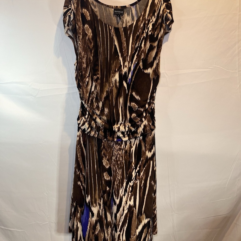 Enfocus Studio Dress Size 16 Green Brown Blue Boho Ruched Gathered Waist